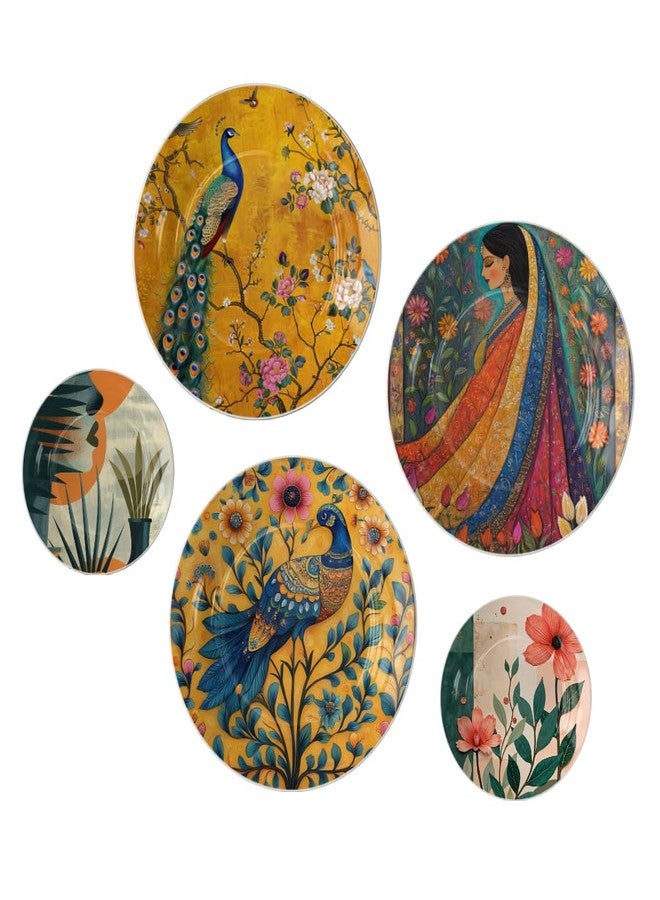 WOODHANG Decorative Ceramic Wall Plates Set of 5|Multicolor Wall Plate with Peacock, Floral & Ethnic Woman Designs|Designer Wall Art Plates for Living Room, Bedroom & Home Decor|Housewarming Gift - Image 4
